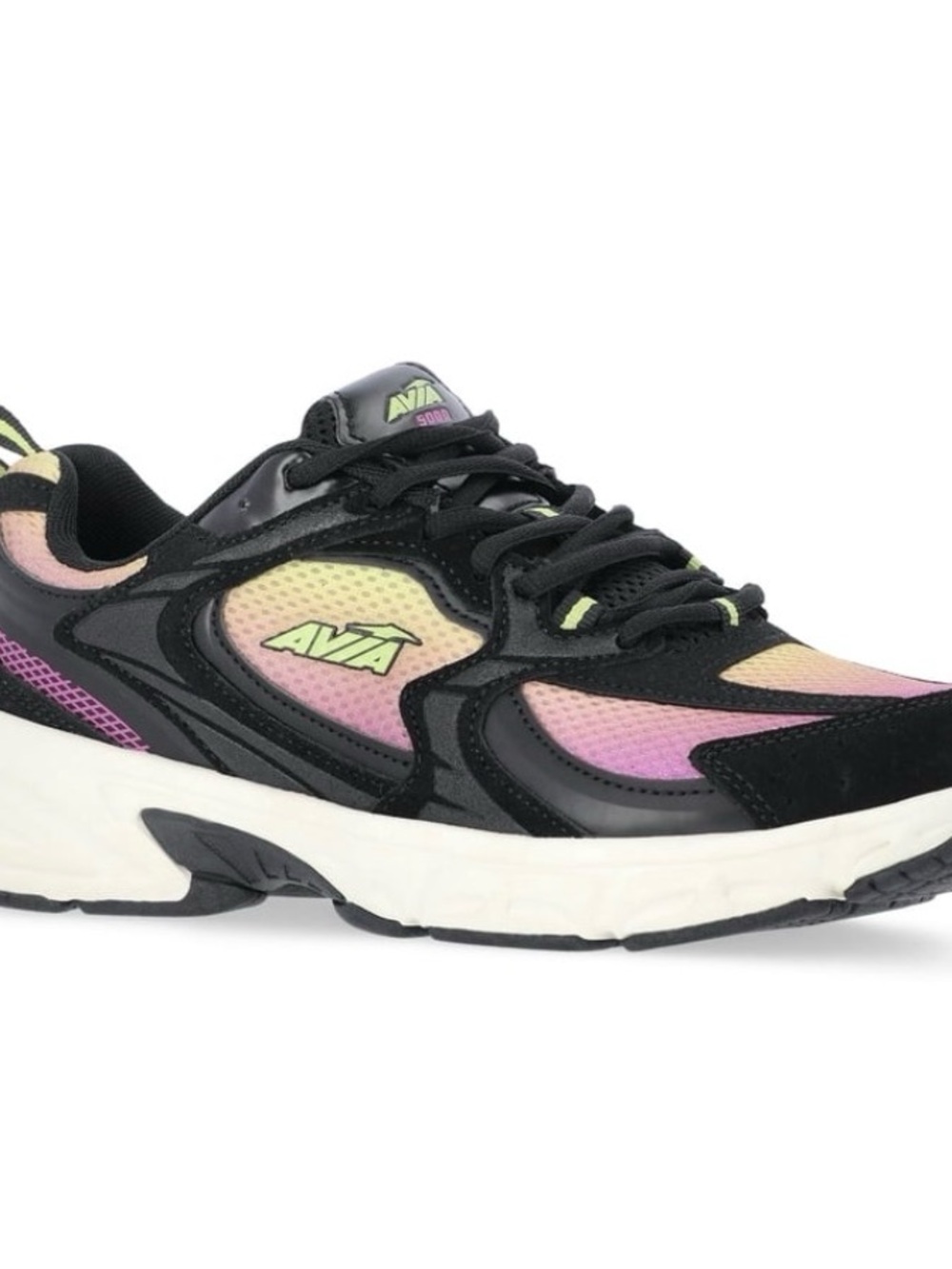 Avia Women's Black Sneaker with Iridescent Pink and Yellow Panels